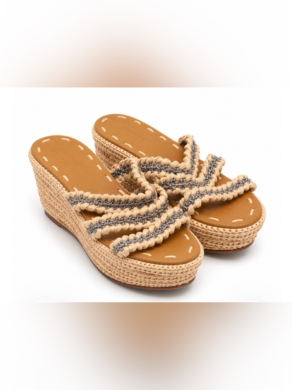 Carrie Forbes Raffia Woven Platform Wedge Sandals Cream Silver EU 37